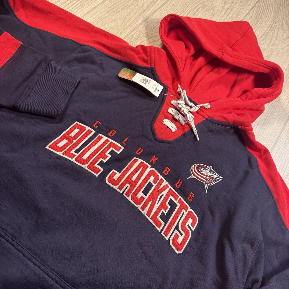 Columbus Blue Jackets Lace Up Hoodie Men’s XL Blue Logo Spellout Hockey CBJ New